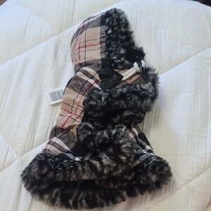 Plaid Dog Coat with Faux Fur Trim